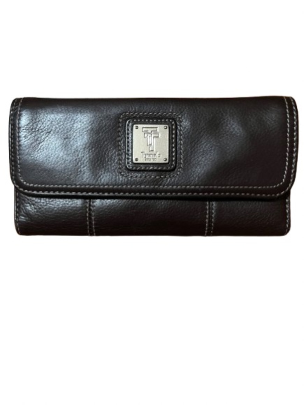 Tignanello Dark Brown Pebbled Leather Clutch Wallet with Logo Plaque